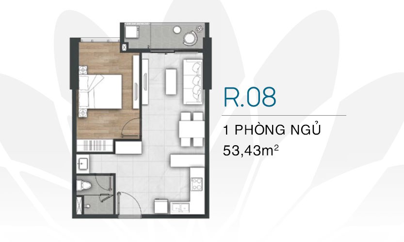 Mặt bằng căn hộ 1 phòng ngủ Vũng Tàu Pearl 53,43m² (căn R.08)