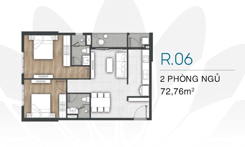 Mặt bằng căn hộ 2 phòng ngủ Vũng Tàu Pearl 77,76m² (căn R.06)
