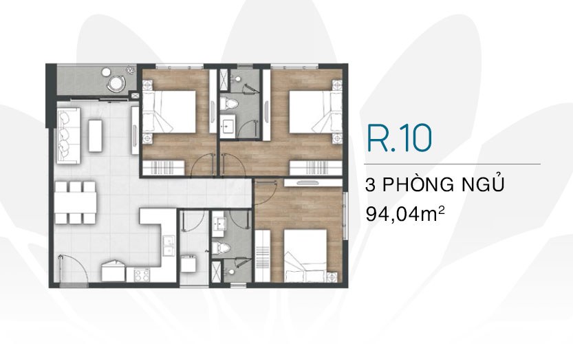 Mặt bằng căn hộ 3 phòng ngủ Vũng Tàu Pearl 94,04m² (căn R.10)